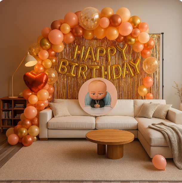 After: elegant birthday balloon setup in the living room
